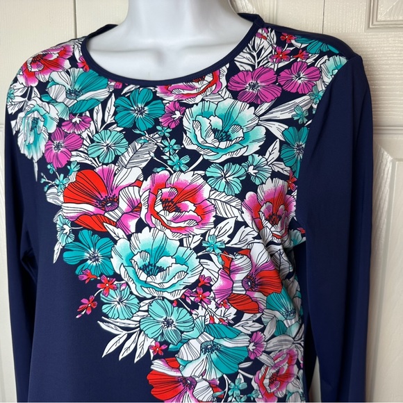 New LANDS’ END Rash Guard Shirt Deep Sea Blossom Floral Crew Neck Ling Sleeve - Picture 3 of 11